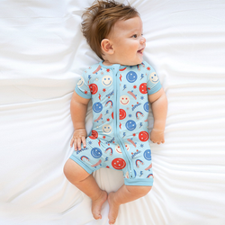 4th of July Smiley Faces and Colorful Rainbows Sky Blue Short Bamboo Zippy Baby Romper