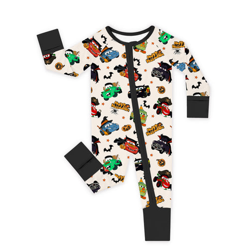 Halloween Smiley Face Car and Bus Pumpkin Bamboo Zipper Romper Pajamas