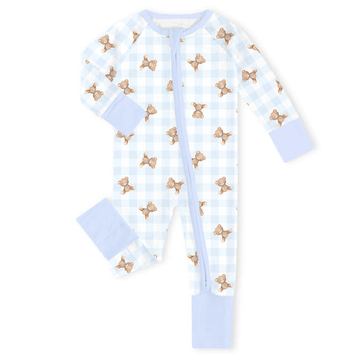Teddy & Gingham Bamboo Zipper Romper Pajamas