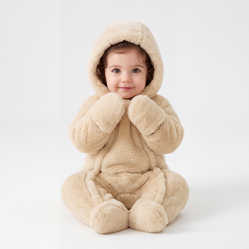 Beige Apricot Baby Bear Fleece Hooded Romper