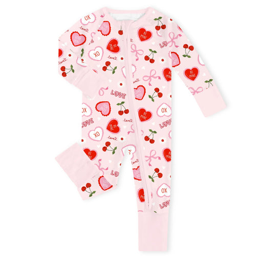 Sweetheart Cherry Hearts Bamboo Zipper Romper Pajamas