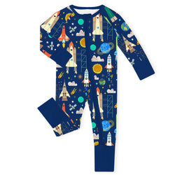 Midnight Space Explorer Rockets and Planets Blue Bamboo Zipper Romper Pajamas