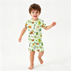 Prehistoric Dino Pals Jungle Playtime Sage Green Bamboo Two-Piece Pajama Short Sleeve Set