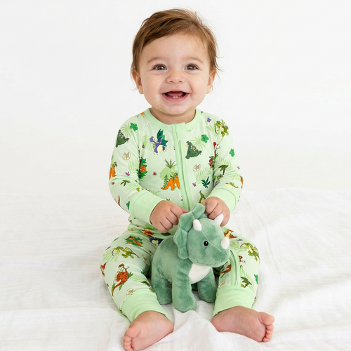 Prehistoric Dino Pals Jungle Playtime Sage Green Bamboo Zipper Romper Pajamas
