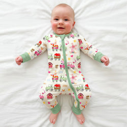 Mother's Day Farm Adventure Ride and Hearts Green Bamboo Zipper Romper Pajamas