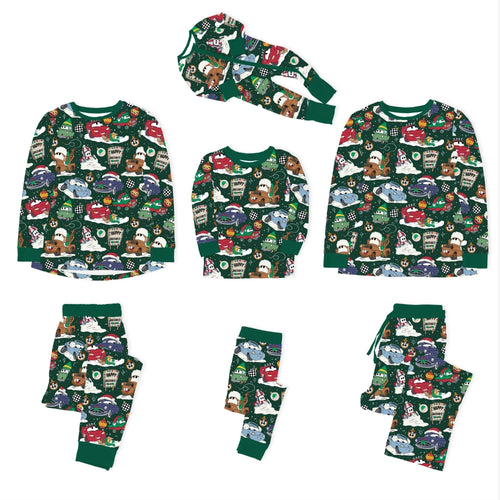 Christmas Car Snow Forest Green Bamboo Family Matching Pajamas