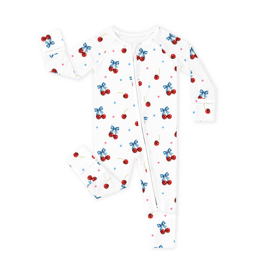 4th of July Cherry Bow Twinkling Stars Bamboo Zipper Romper Pajamas