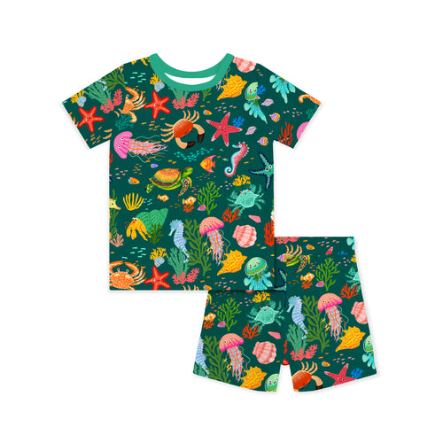Ocean Crab and Coral Reef Green Kids Bamboo Two-Piece Pajama Short Sleeve Set