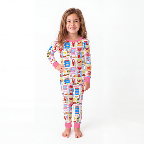 Seaside Market Pink Trim Kids Bamboo Two-Piece Pajama Set