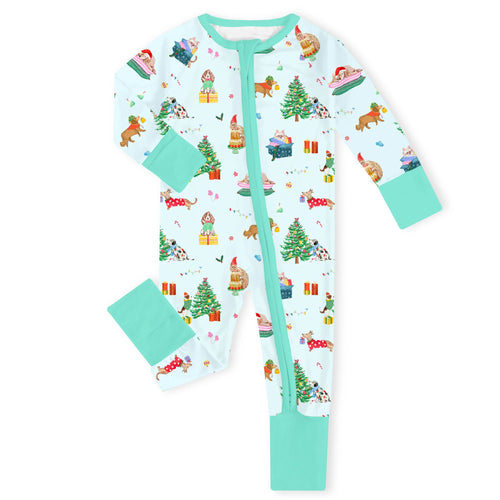 Christmas Holiday Dogs Bamboo Zipper Romper Pajamas