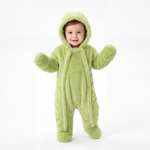 Avocado Green Baby Bear Fleece Hooded Romper