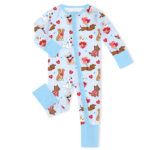 Valentine Heart Puppy Cuddle Crew Blue Bamboo Zipper Romper Pajamas