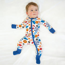 Playful Sports and Sweet Bow Lip Blue Bamboo Zipper Romper Pajamas