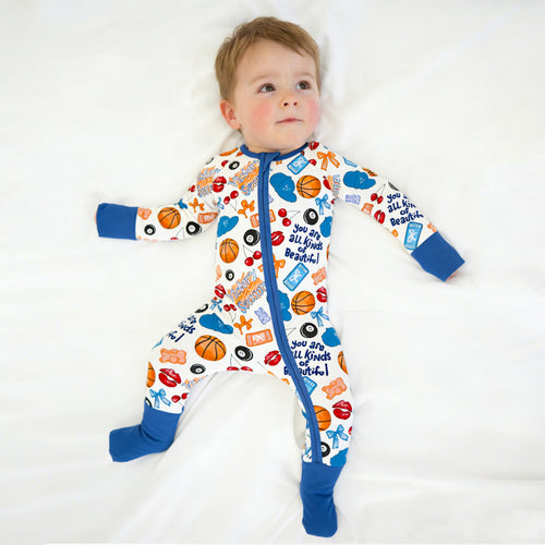 Playful Sports and Sweet Bow Lip Blue Bamboo Zipper Romper Pajamas