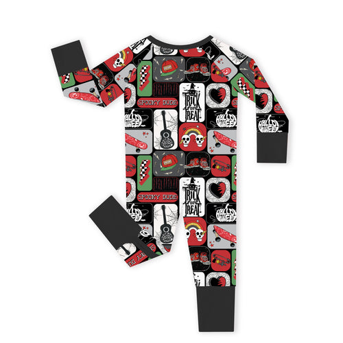 Halloween Spooky Skate Patchwork Bamboo Zipper Romper Pajamas