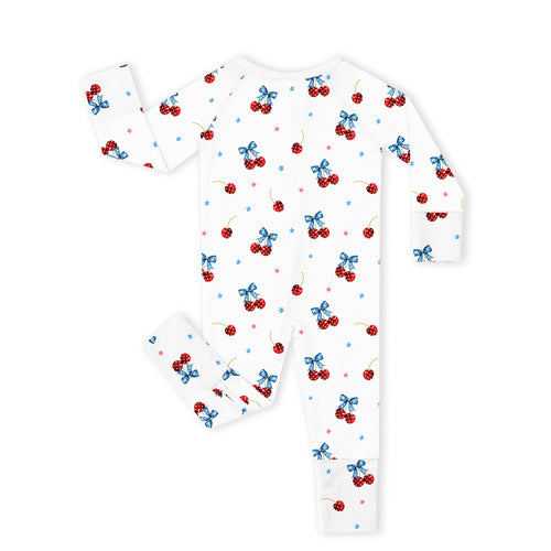 4th of July Cherry Bow Twinkling Stars Bamboo Zipper Romper Pajamas