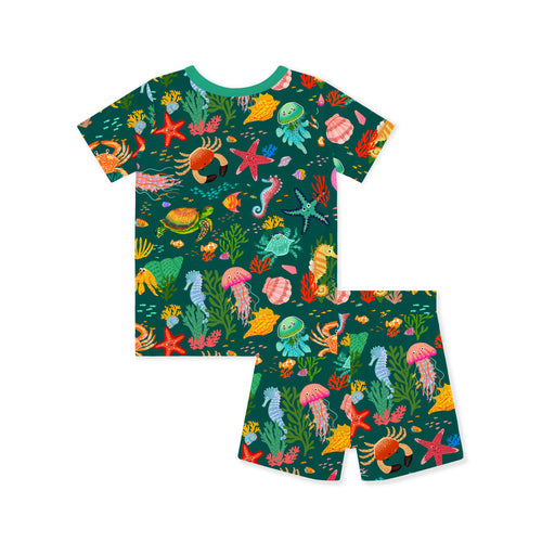 Ocean Crab and Coral Reef Green Kids Bamboo Two-Piece Pajama Short Sleeve Set
