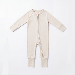 Oat Milk Solid Bamboo Zipper Romper Pajamas