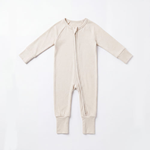 Oat Milk Solid Bamboo Zipper Romper Pajamas