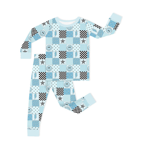 Electric Smiley Check Kids Bamboo Two-Piece Pajama Set
