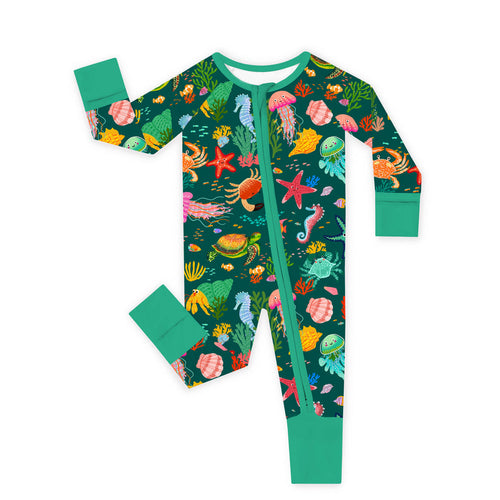 Ocean Crab and Coral Reef Green Bamboo Zipper Romper Pajamas