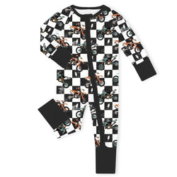 Black-White Checkered Motorcycle and Lightning Bamboo Zipper Romper Pajamas