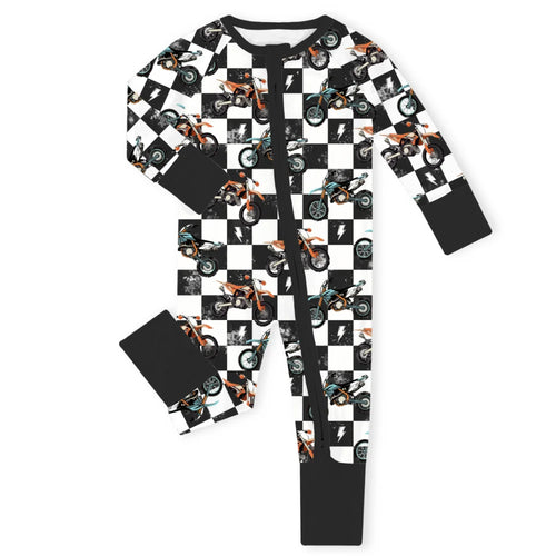 Black-White Checkered Motorcycle and Lightning Bamboo Zipper Romper Pajamas