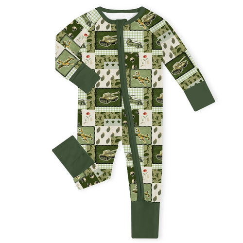 Vintage Military Patchwork Bamboo Zipper Romper Pajamas
