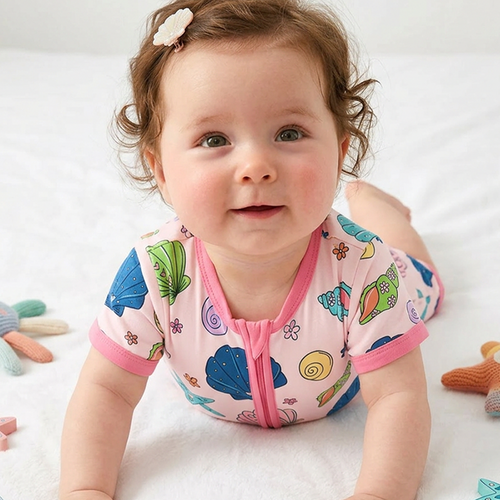 Colorful Ocean Shells and Stars Playtime Pink Short Bamboo Zippy Baby Romper