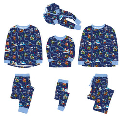 Christmas Train Tracks and Pals on Navy Blue Bamboo Family Matching Pajamas