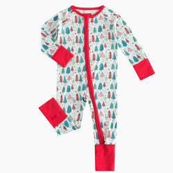 Christmas Sale Tree Cartoon Bamboo Red Zipper Romper