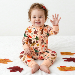 Autumn Woodland Wildlife and Fallen Leaves Peach Bamboo Zipper Romper Pajamas
