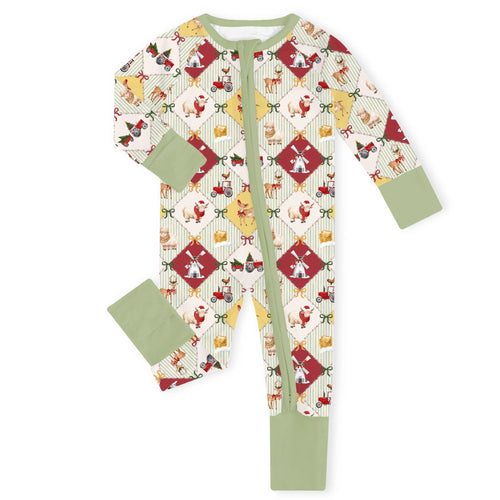 Christmas Farm Animal Patchwork Bamboo Zipper Romper Pajamas