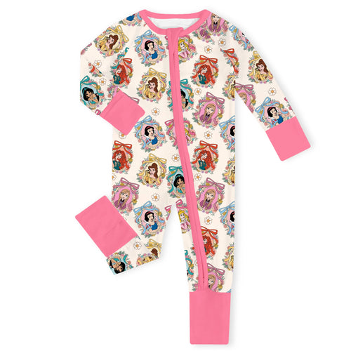 Pink Princess Royal Bow Bamboo Zipper Romper Pajamas