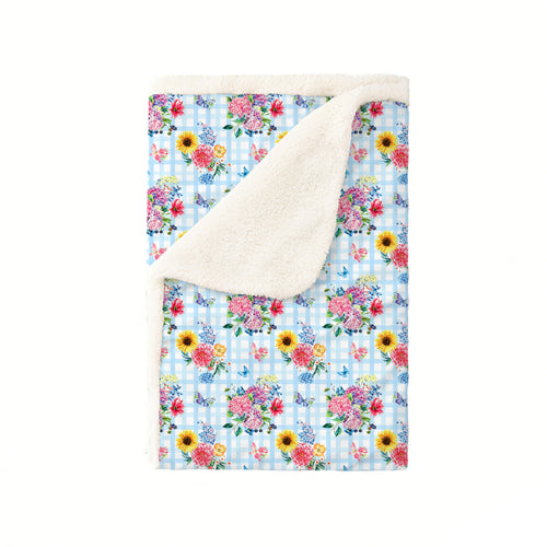 Gingham Garden Bouquet Blue Bamboo Blanket