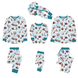Christmas Snowy Town Santa and Friends Truck on Frost Blue Bamboo Family Matching Pajamas