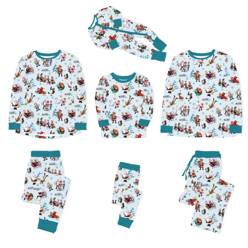 Christmas Snowy Town Santa and Friends Truck on Frost Blue Bamboo Family Matching Pajamas