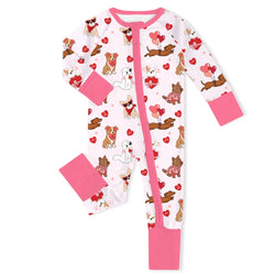 Valentine Heart Puppy Cuddle Crew Pink Bamboo Zipper Romper Pajamas