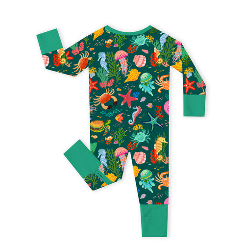 Ocean Crab and Coral Reef Green Bamboo Zipper Romper Pajamas