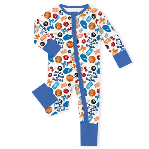 Playful Sports and Sweet Bow Lip Blue Bamboo Zipper Romper Pajamas