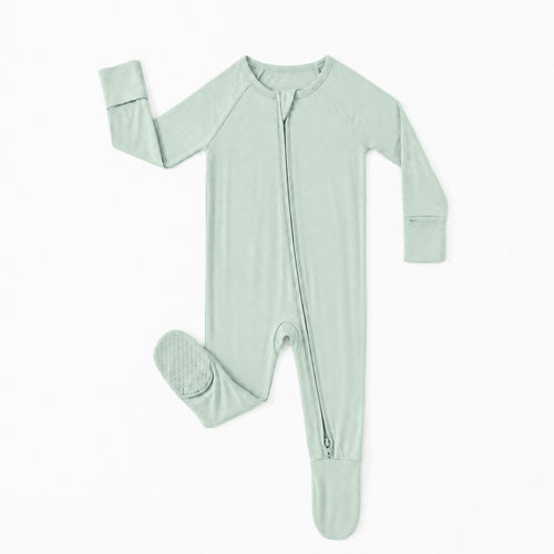 Sage Green Solid Bamboo Zipper Footie Pajamas