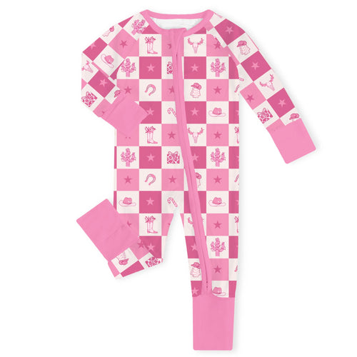 Christmas Cowgirl Checkerboard Bamboo Zipper Romper Pajamas