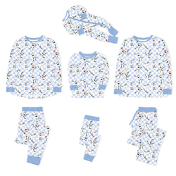 Christmas Big Face Snowman Blue Checkered Bamboo Family Matching Pajamas