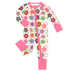 Groovy Daisy Power Pink Bamboo Zipper Romper Pajamas