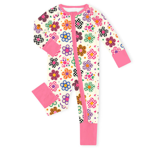 Groovy Daisy Power Pink Bamboo Zipper Romper Pajamas