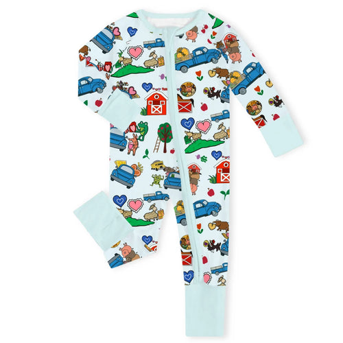 Farm Car and Animal Friends Life Bamboo Zipper Romper Pajamas