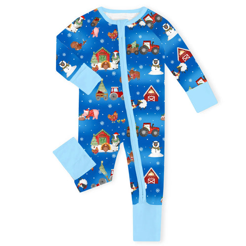 Christmas Western Barnyard Animals Bamboo Zipper Romper Pajamas