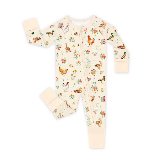 Farm Duck and Chicken in Wildflower Floral Bamboo Zipper Romper Pajamas