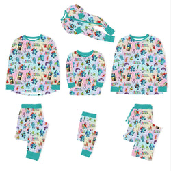 Christmas Blue Monster Friends on Aqua Bamboo Family Matching Pajamas