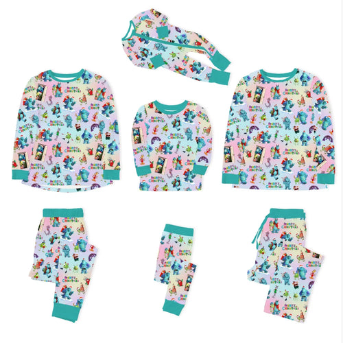 Christmas Blue Monster Friends on Aqua Bamboo Family Matching Pajamas